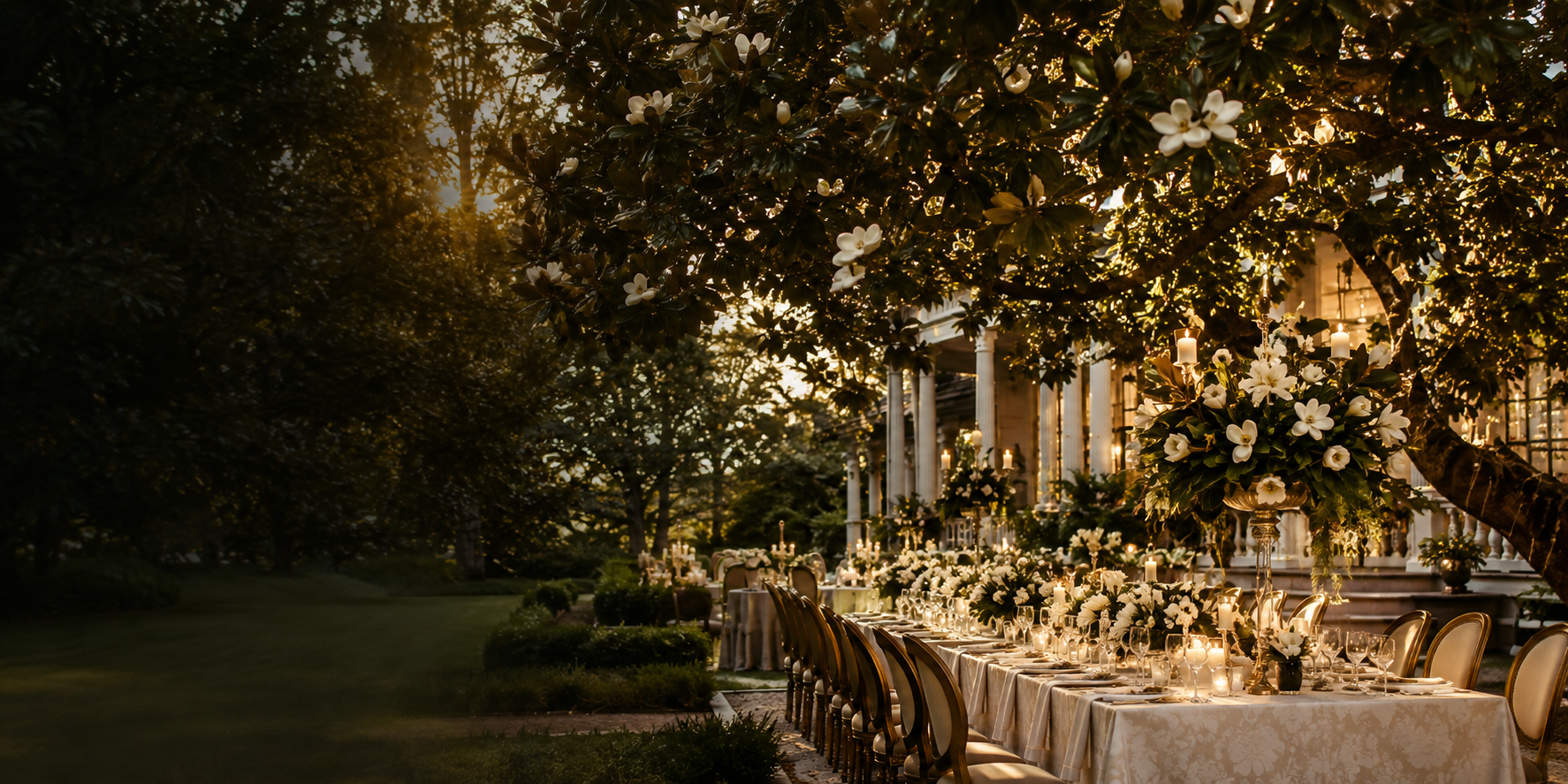 Elegant Southern reception beneath blooming magnolia trees